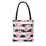 Tote Bag-Pretty Pink Floral Roses-Black Stripes