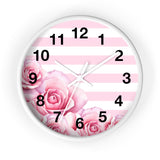 Pink Stripes Floral Roses - Wall Clock
