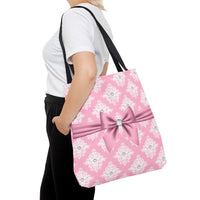 Tote Bag-Glam Pink Mauve Bow-White Damask Diamonds