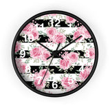 Pretty Pink Roses -Black Stripes - Wall Clock