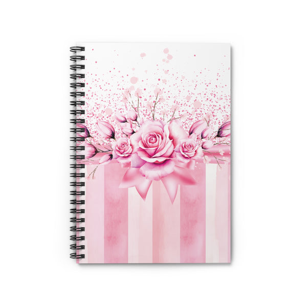 Spiral Notebook (Small) - Blush Ribbons & Roses - Glam Watercolor Floral Stripes