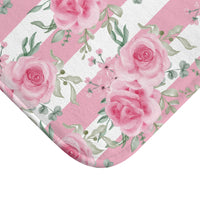 Bath Mat-Pretty Pink Floral Roses-Pink Stripes