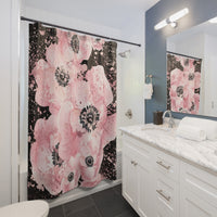 Shower Curtains-Rose Gold-Pink Floral-Paint Splatter-Black