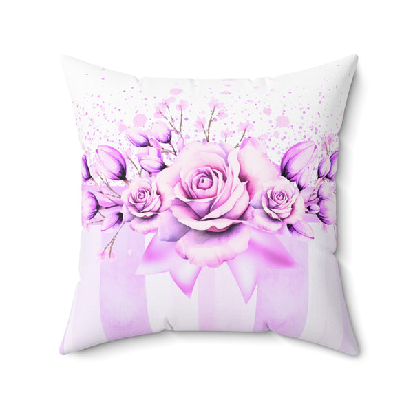 Square Pillow -Lavender Ribbons & Roses - Glam Watercolor Floral Stripes