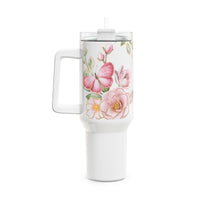 Glam Cup Tumbler, 40oz - Pink Floral Butterflies - White