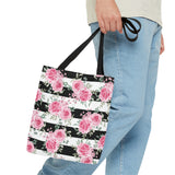 Tote Bag-Pretty Pink Floral Roses-Black Stripes