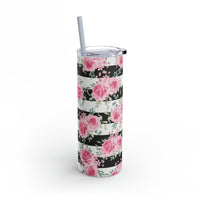 Skinny Tumbler, 20oz-Pretty Pink Floral Roses-Black Stripes