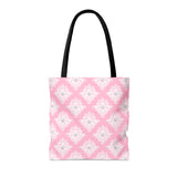 Tote Bag-Glam Pink Mauve Bow-White Damask Diamonds