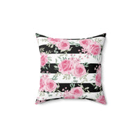 Square Pillow-Pretty Pink Floral Roses-Black Stripes