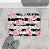 Bath Mat-Pretty Pink Floral Roses-Black Stripes