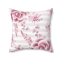 Square Pillow-Soft Pink Floral Mauve-Horizontal Stripes-White