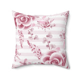 Square Pillow-Soft Pink Floral Mauve-Horizontal Stripes-White