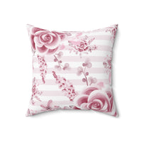 Square Pillow-Soft Pink Floral Mauve-Horizontal Stripes-White