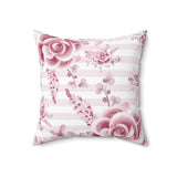 Square Pillow-Soft Pink Floral Mauve-Horizontal Stripes-White