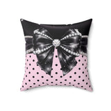 Black Satin Diamond Bow - Pink Polka Dots - Square Pillow