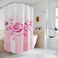 Shower Curtains - Blush Ribbons & Roses - Glam Watercolor Floral Stripes