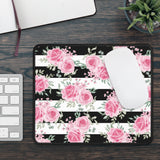 Mouse Pad-Pretty Pink Floral Roses-Black Stripes