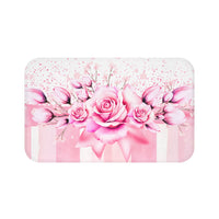 Bath Mat -  Blush Ribbons & Roses - Glam Watercolor Floral Stripes