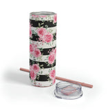 Skinny Tumbler, 20oz-Pretty Pink Floral Roses-Black Stripes