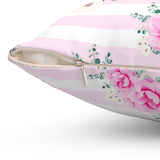 Square Pillow-Magenta Pink Floral-Pink Horizontal Stripes-White