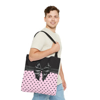 Tote Bag-Glam Black Bow-Soft Pink-Black Polka Dots