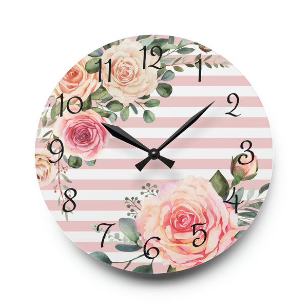 Acrylic Wall Clock-Pink Cream Floral Dream-Stripes