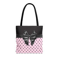 Tote Bag-Glam Black Bow-Soft Pink-Black Polka Dots