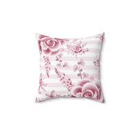 Square Pillow-Soft Pink Floral Mauve-Horizontal Stripes-White