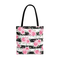 Tote Bag-Pretty Pink Floral Roses-Black Stripes