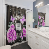 Shower Curtains - Purple Midnight Roses - Perfume Bottle Black