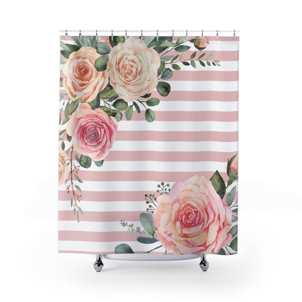 Shower Curtains-Pink Cream Floral Dream-Stripes