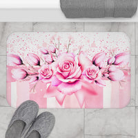 Bath Mat -  Blush Ribbons & Roses - Glam Watercolor Floral Stripes