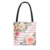 Tote Bag-Pink Cream Floral Dream-Stripes