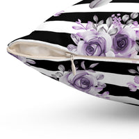 Square Pillow-Soft Purple Floral-Black Horizontal Stripes-White
