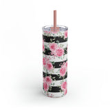 Skinny Tumbler, 20oz-Pretty Pink Floral Roses-Black Stripes