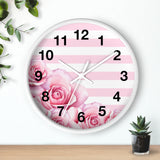 Pink Stripes Floral Roses - Wall Clock