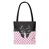 Tote Bag-Glam Black Bow-Soft Pink-Black Polka Dots