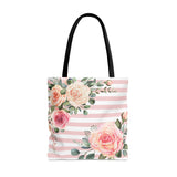 Tote Bag-Pink Cream Floral Dream-Stripes