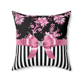 Square Pillow-Glam Pink Bow-Pink Stencil-Black White Pinstripes