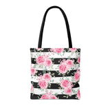 Tote Bag-Pretty Pink Floral Roses-Black Stripes