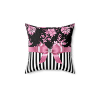 Square Pillow-Glam Pink Bow-Pink Stencil-Black White Pinstripes