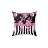 Square Pillow-Glam Pink Bow-Pink Stencil-Black White Pinstripes