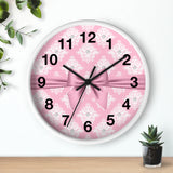 Glam Pink Mauve Bow - White Damask Diamonds - Wall Clock