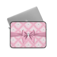 Laptop Sleeve-Glam Pink Mauve Bow-White Damask Diamonds