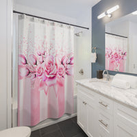Shower Curtains - Blush Ribbons & Roses - Glam Watercolor Floral Stripes