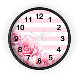 Pink Stripes Floral Roses - Wall Clock