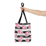 Tote Bag-Pretty Pink Floral Roses-Black Stripes