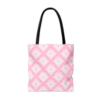 Tote Bag-Glam Pink Mauve Bow-White Damask Diamonds