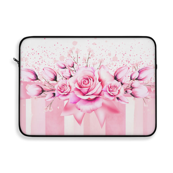 Laptop Sleeve - Blush Ribbons & Roses - Glam Watercolor Floral Stripes