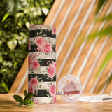 Skinny Tumbler, 20oz-Pretty Pink Floral Roses-Black Stripes